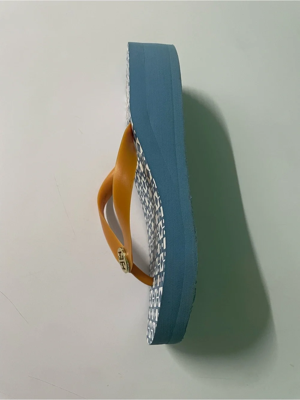 Tory Burch Blue Geometric Flip Flops with Tan Straps